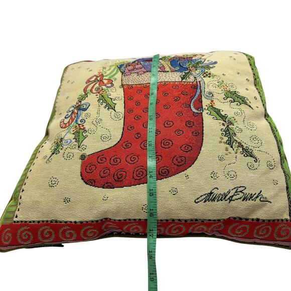 LAUREL BURCH Christmas Stocking Tapestry Decorative Pillow Tan Green Red Cat - Picture 6 of 6